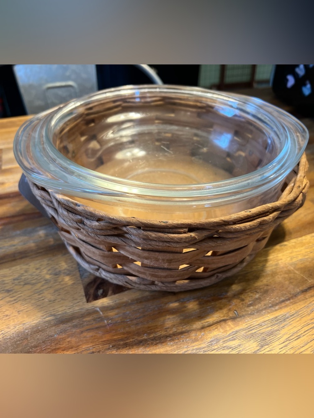 Pyrex Clear Glass Bowl with Brown Woven-Look Sleeve and lid (vintage)